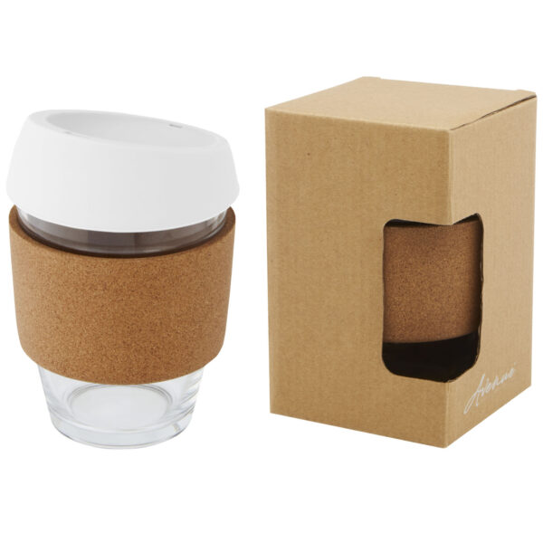 Bicchiere da 360 ml in vetro borosilicato con impugnatura in sughero e coperchio in silicone Lidan